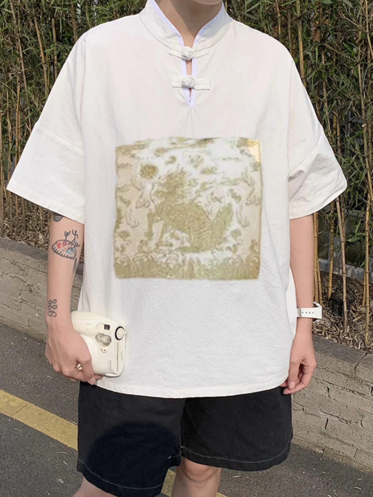 

Loose Fit Embroidered ort Sve irt Chinese Sle Cotton Menswear Womenswear Traditional Tang Costume Hanfu Large Size