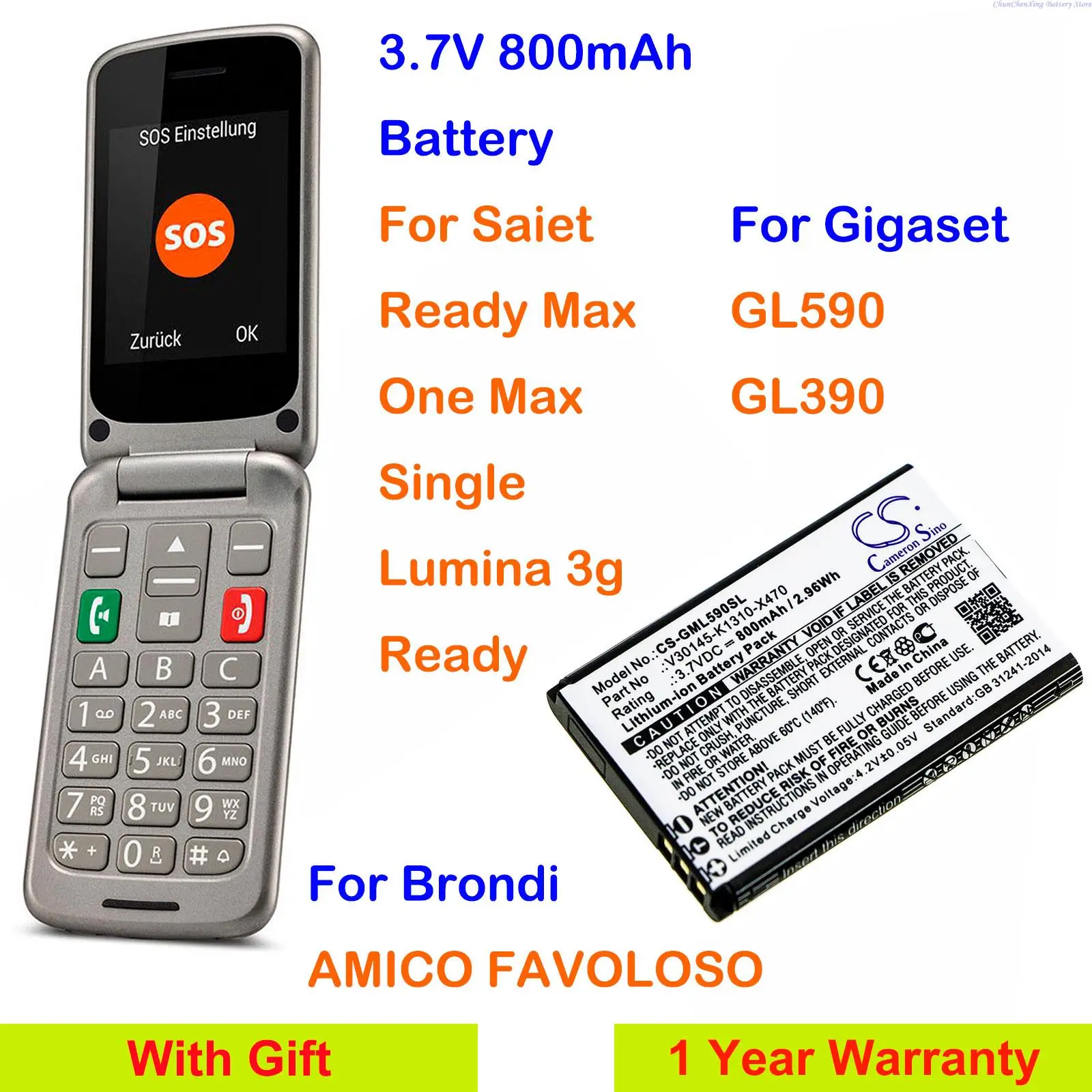 

Аккумулятор Cameron Sino 800 мАч для Saiet Ready Max, One Max, Single, Lumina 3g, для Gigaset GL590, GL390, для Brondi AMICO FAVOLOSO