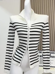 Autumn Winter Woman Old Money Vintage Y2k Striped Cardigan Sweater Long Sleeve Knitwears Chic Pullovers Stand Collar Thick Slim