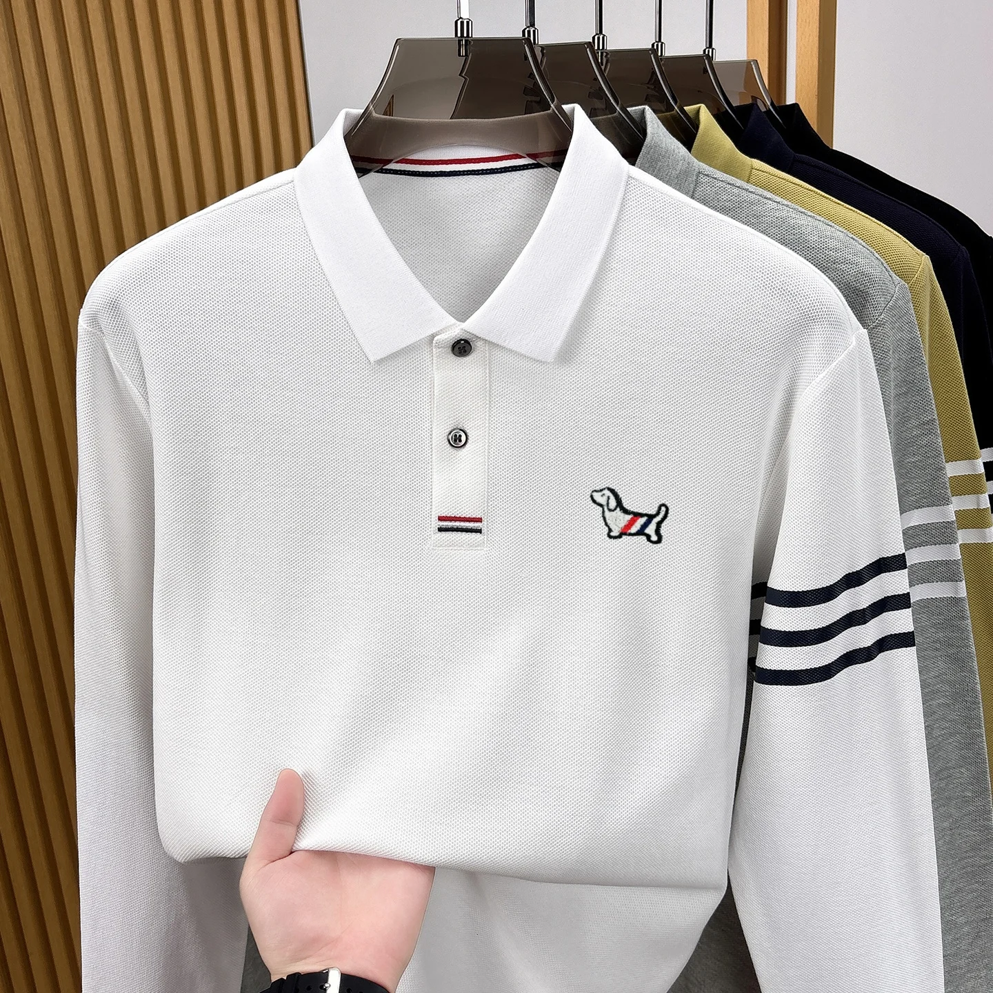 Hochwertige 100% Baumwolle Langärmel Polo Shirt Mode Marke Männer neue Cartoon Welpen Stickerei Komfort Herbst Casual Streifen T-Shirt – Detail 9