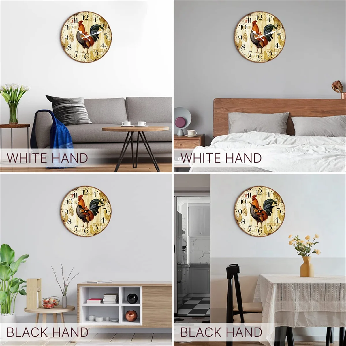 Kitchen Wall Clock 12 Inch Rustic Rooster Silent Non Ticking Wall Clock Quartz Battery Operated Round Wall images - 6