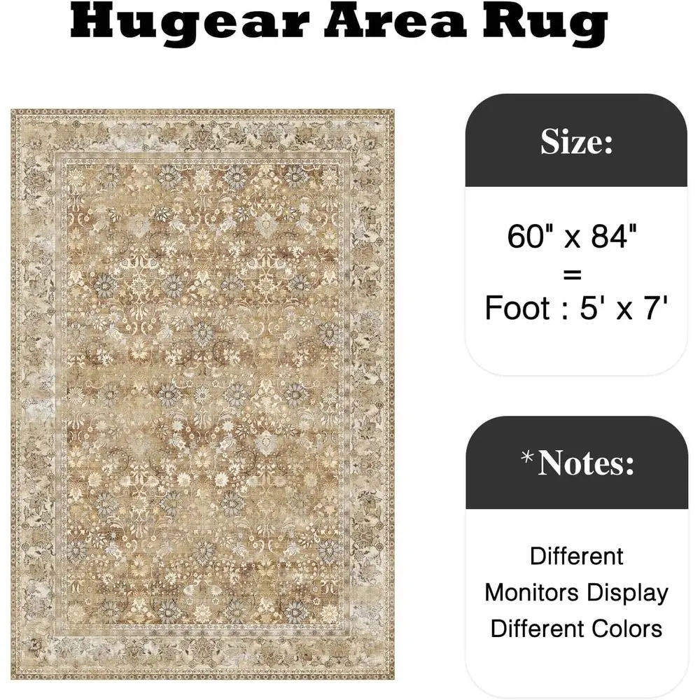 Brown and Beige 5x7 Machine Washable Rug - Soft Low Pile Floral Carpet for Hallway, Living Spaces, and More