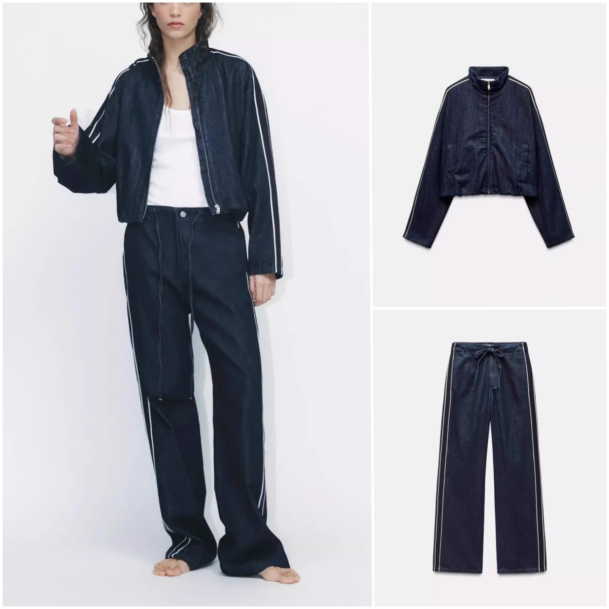 

Spring Women's Denim Jeans Side Strap Decorated Patchwork Stripe Belt Denim Jaet Long Sve Zipper Stand Collar Faion Set