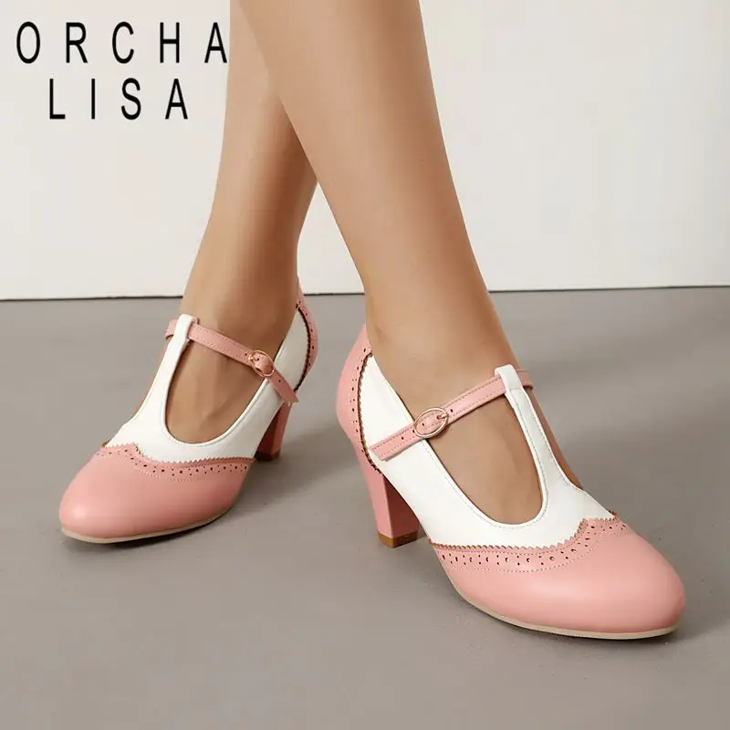 

ORCHA LISAREAVE CAT Female Pumps Round Toe 6.5cm Block Heels Buckle Strap Mixed Color Large Size 43 44 45 46 Brown