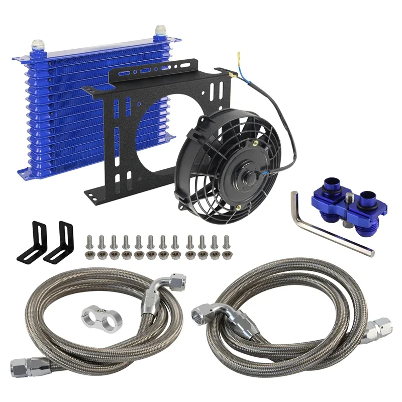 Oil Cooler Universal 15 Row 80 °C Thermostat Adapter 3/4x16UNF and M20x1.5 +7'' Electric Fan Kit AN10 Black/Blue