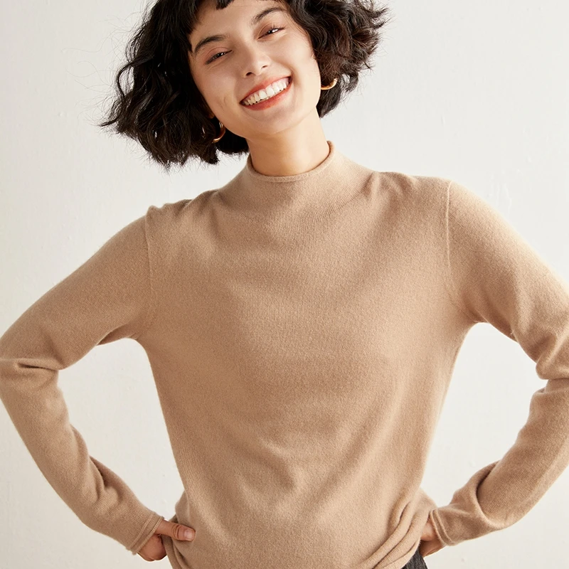 First line ready to wear soft glutinous cashmere semi high neck women's pullover versatile solid color wool knitted sweater top