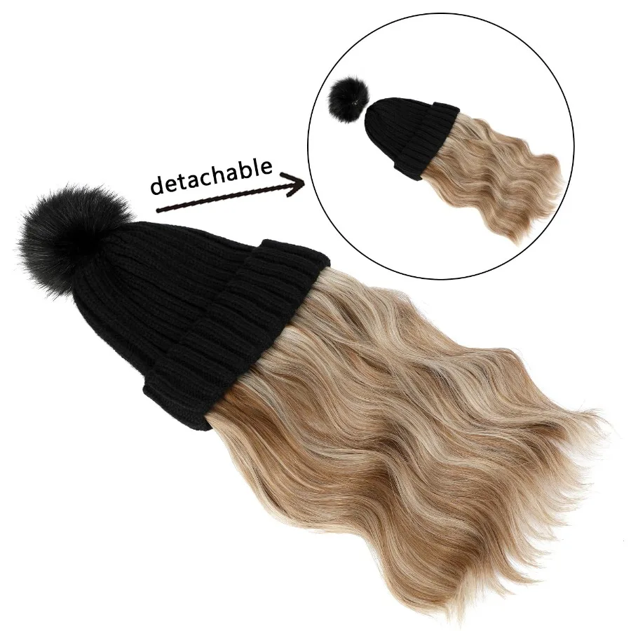 Cappello a cuffia da donna con berretto con pompon lavorato a maglia caldo attaccato ai capelli per attività all'aperto invernali Estensioni dei capelli ricci ondulati lunghi da 14 pollici