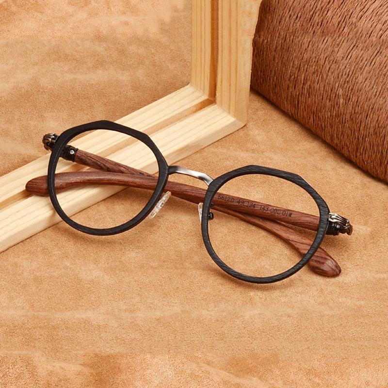 HDCRAFTER Real Natural Wood Eyeglasses Men Round Polygon Prescription Myopia Optical Glasses Frame Women Spectacles Eyewear