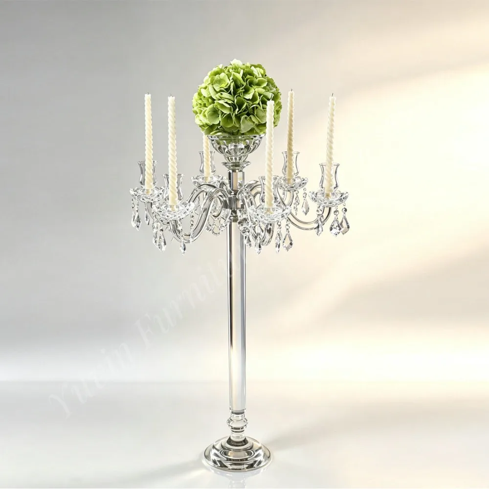 6 Light K9 Crystal Candelabra with Center Flower Vase Tall Pillar Wedding Banquet Event Table Floral Centerpiece Decor