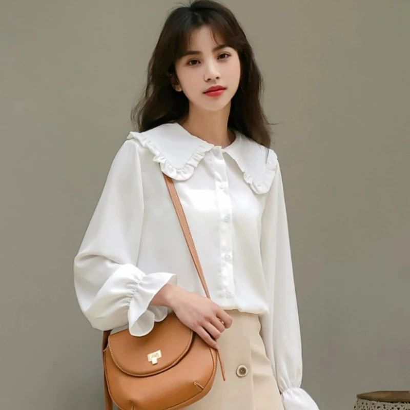 Lucyever Autumn White Blouses Women Sweet Simple Leisure Peter Pan Collar Shirts Girls Preppy Style Kawaii Long Sleeve Blouse