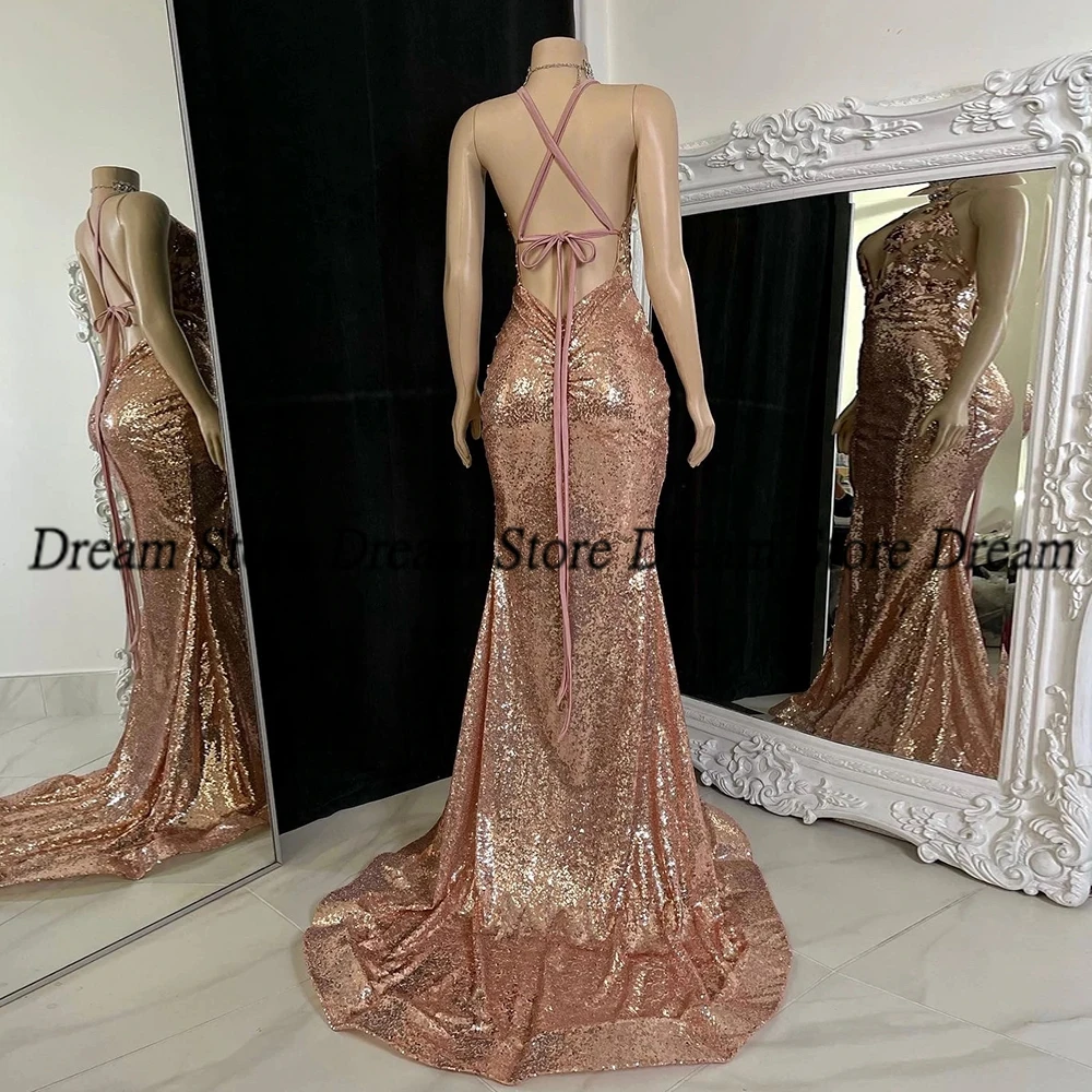 Rose Gold Asymmetrical Prom Gowns V-Neck Sleeveless Prom Gowns High Slit Women's Dress 2024 Glitter Sequined Vestidos De Fiesta