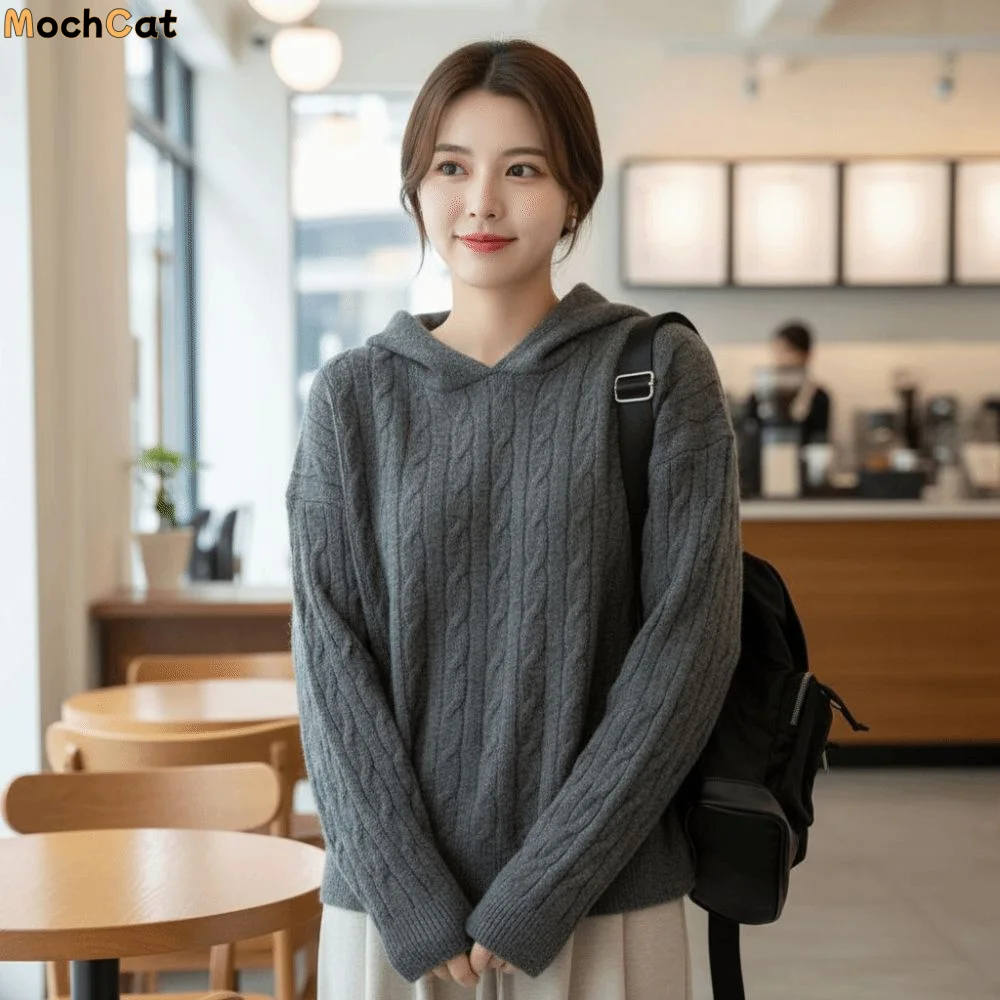 

Эстетические вязаные толстовки с длинными рукавами, повседневные свободные толстовки с капюшоном, пуловеры, простой вязаный свитер с капюшоном для женщин