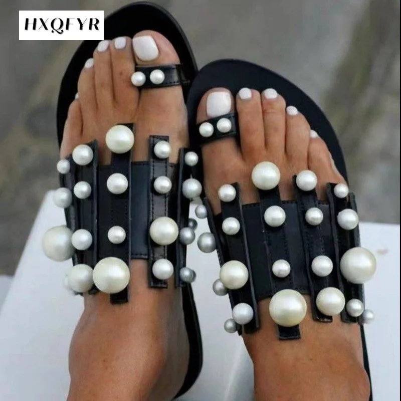 

2022 New Women Slippers Summer Pearl Women Slides Flat Casual Outside Women Beach Leather Slippers Large Size 36-43 Women Shoes