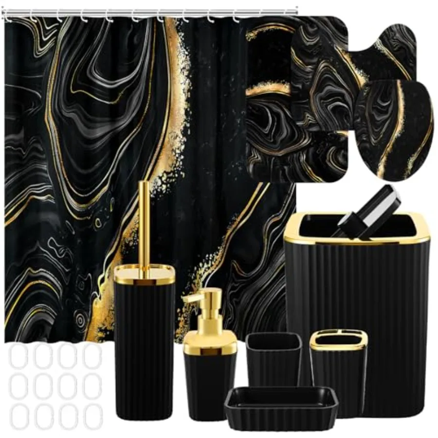 

10 Pcs Black Marble Bathroom Accessories Set Black and Gold Shower Curtain and Rugs Modern Marble Farmhouse Bathroom Decor Tras