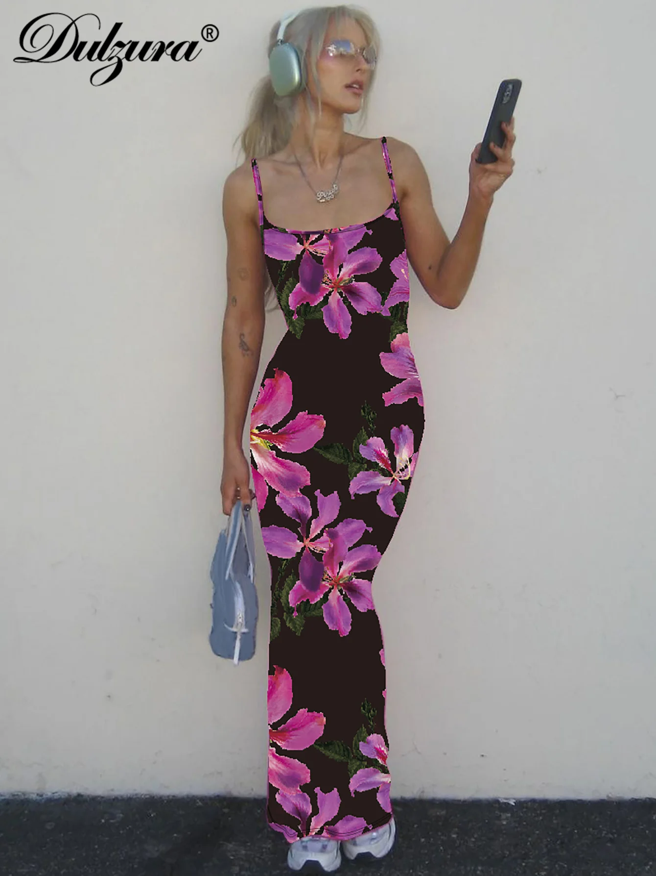 Dulzura 민소매 Backless Bodycon 플라워 프린트 캐미 맥시 드레스 여성 섹시 우아한 캐주얼 롱 드레스 파티 클럽 여름 복장