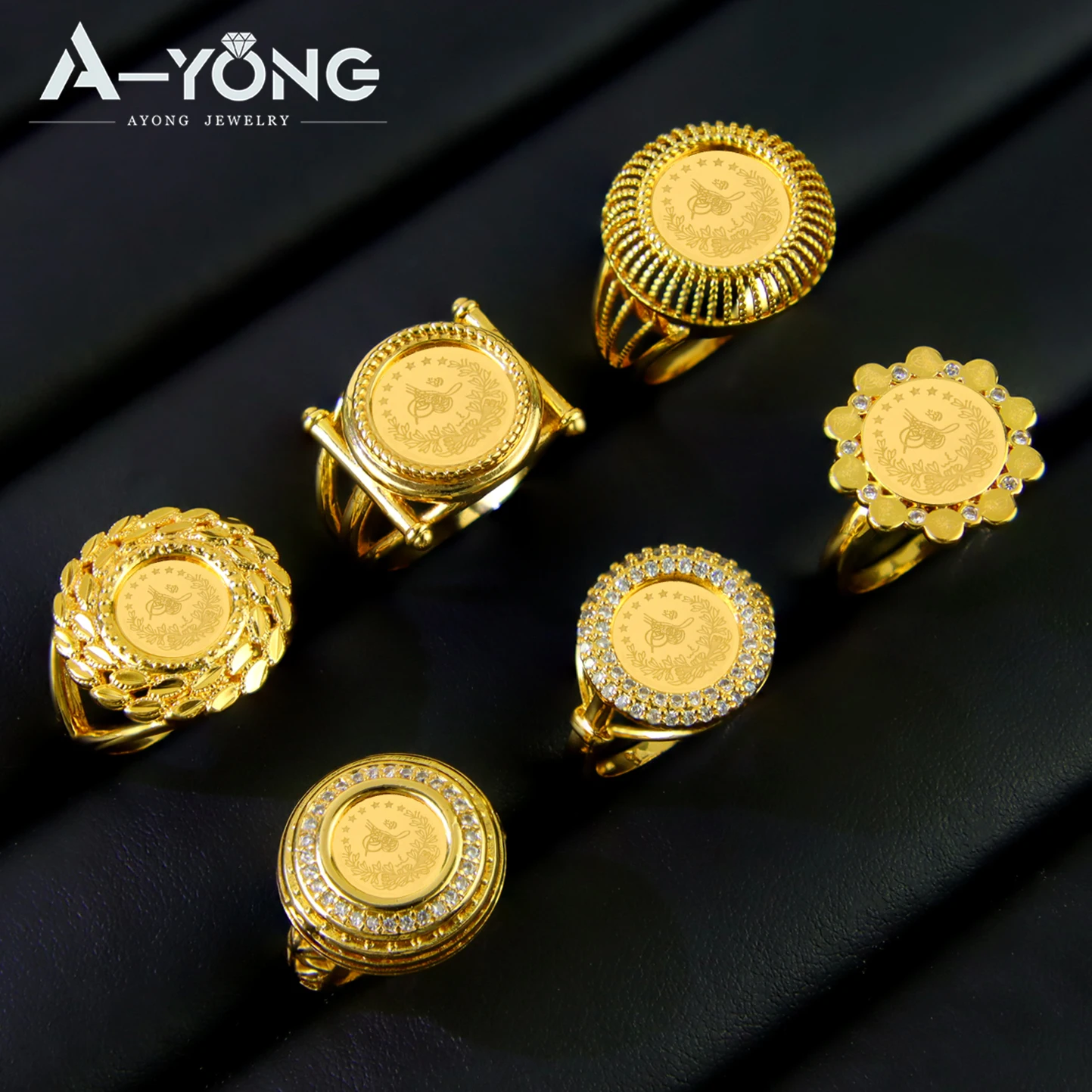 Luxury Dubai Gold Color Wedding Ring 21k Gold Plated Turkish Coins Fashion Couples Rings Oman Islamic Women Event Party Jewelry