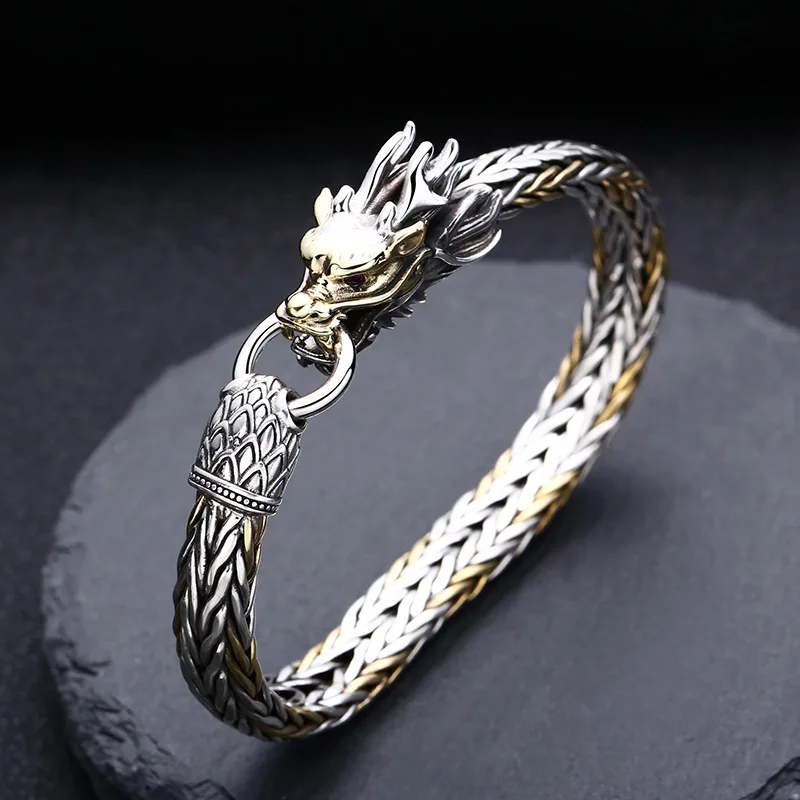 925 sterling silver handmade faucet braided bracelet thick men's trendy stylish liutai silver vintage distressed jewelry