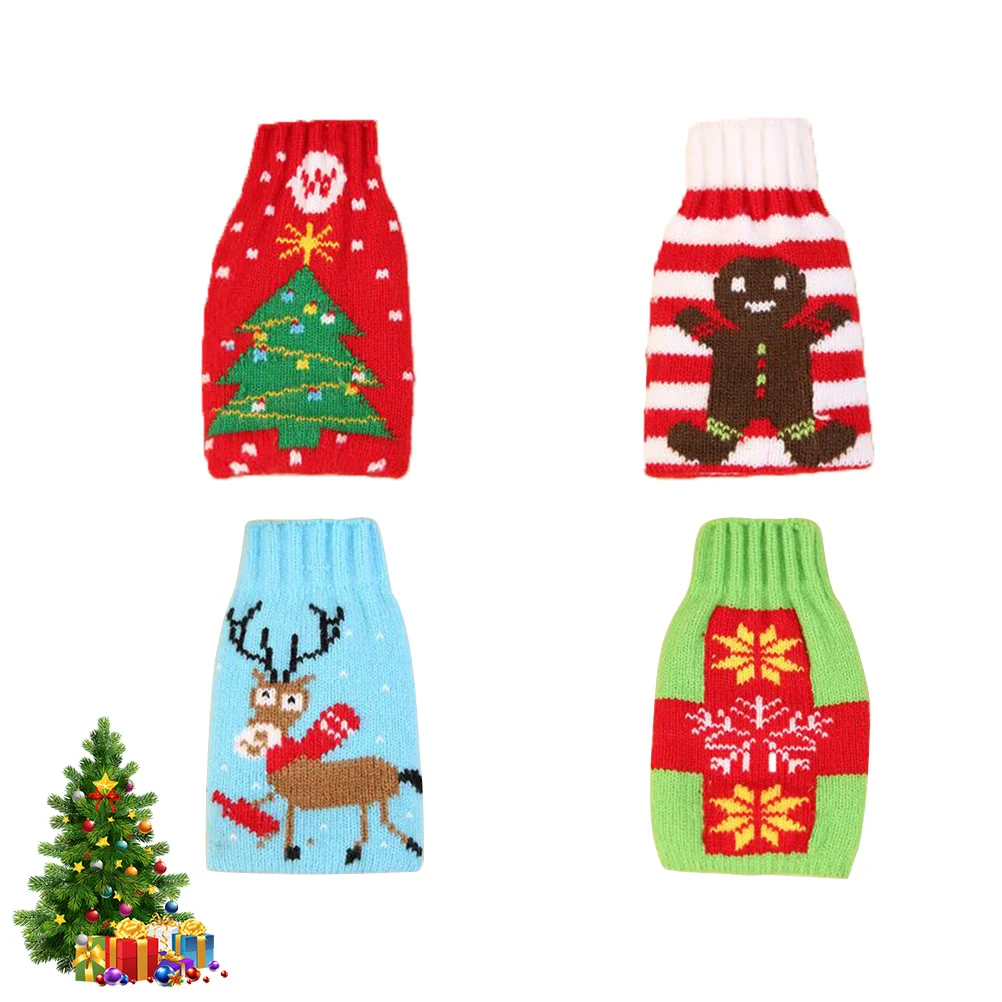 

4pcs Christmas Wine Bottle Cover Knitting Bag For Beer Decor Party Wine Cover Holiday Gift Pouch Snowflake Tree Elk Design