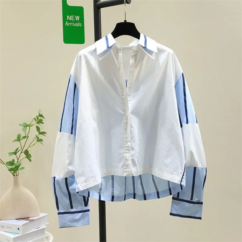 

Blocked Striped Shirt Women Blouse Short Tops Loose Autumn Woman Clothes Shirts Asymmetrical Cardigan Blous Femme Shirt
