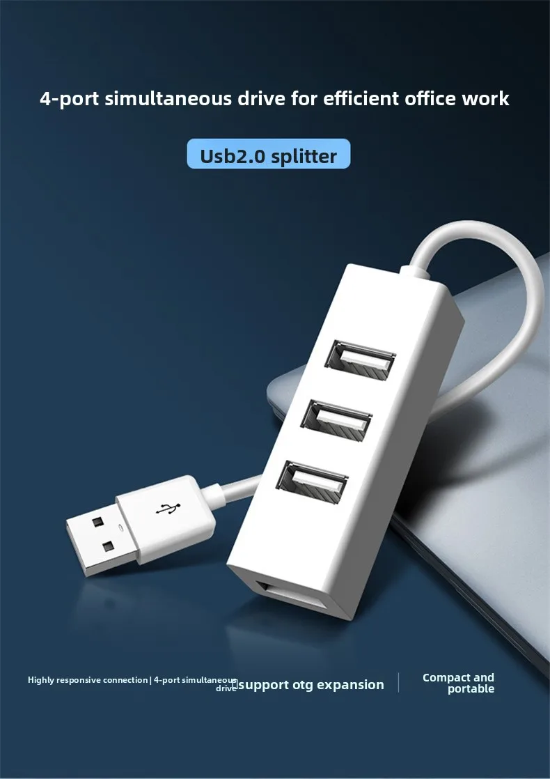 4-Port USB 2.0 Hub, USB-Verteiler Eins-zu-Vier, Mini-USB-Erweiterung für Laptop Desktop PC mit 15cm/100cm Kabellänge – Detail 1