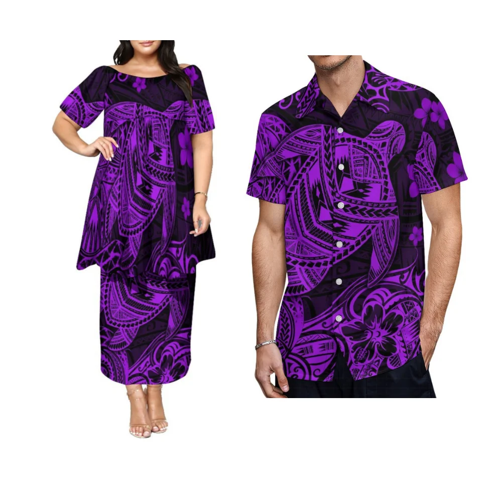 Casal verão feminino design tribal manga borboleta meados de manga saia dupla camada polinésia camisa casual masculina