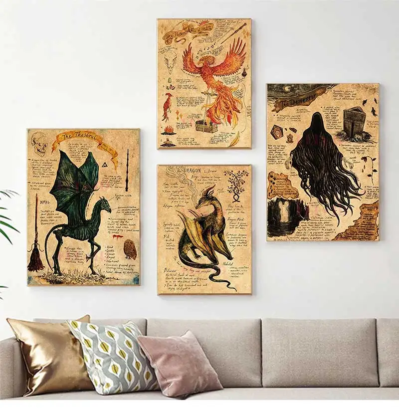 Vintage Animal Unicorn Poster Aesthetics Dementor Dragon Wall Art Decoration Magic Monster Halloween Witch Kitchen Room Decor