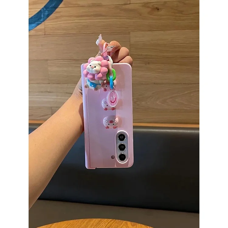 Fashion DIY Cute Pink Pig Pendant Skin Feel Phone Case For Samsung Galaxy Z Fold 7 6 5 4 3 zfold5 5G Full Protector Hinge Cover