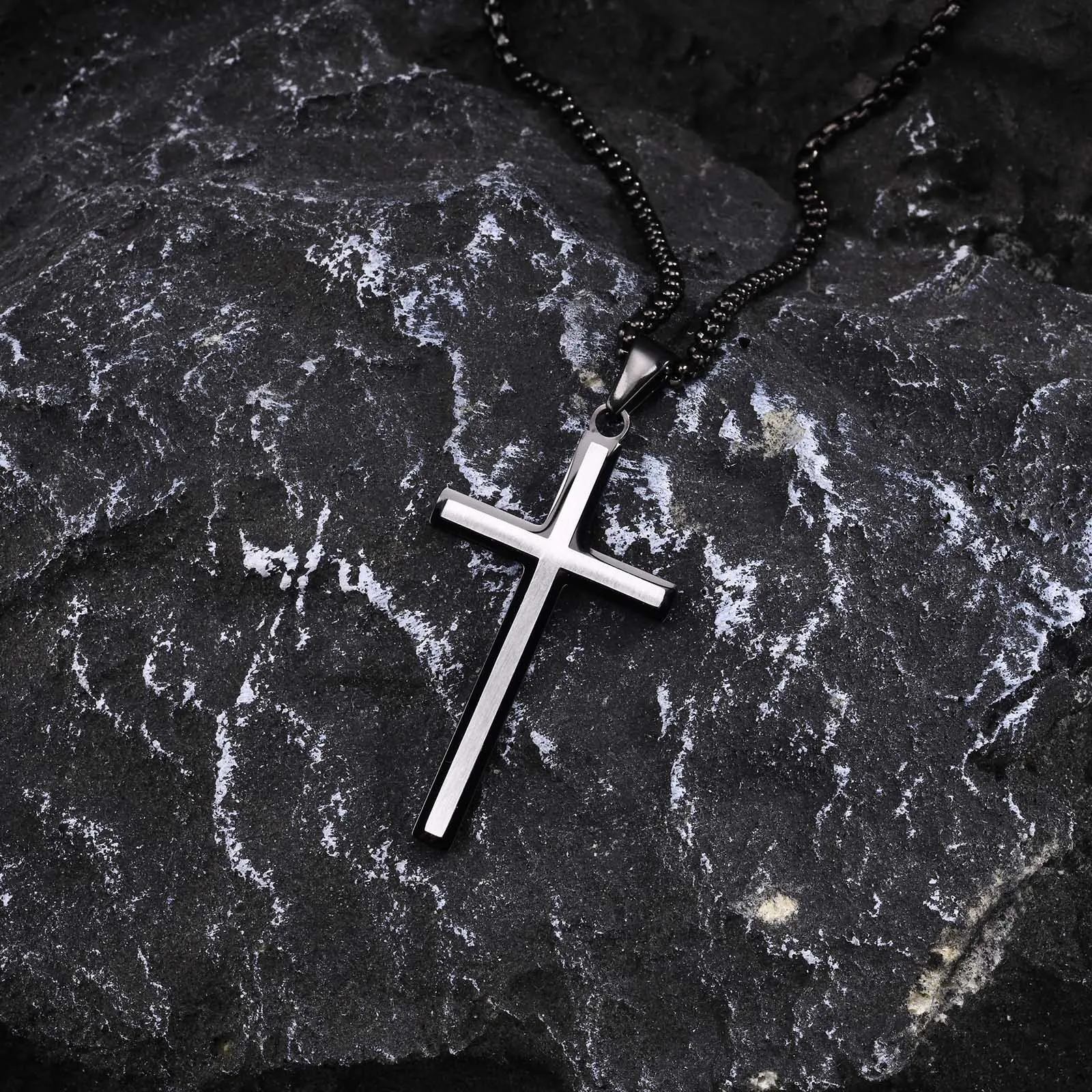 Vnox Double Layers Cross Necklaces for Men, Black Stainless Steel Religious Faith Prayer Pendant Collar, Male Gifts Jewelry