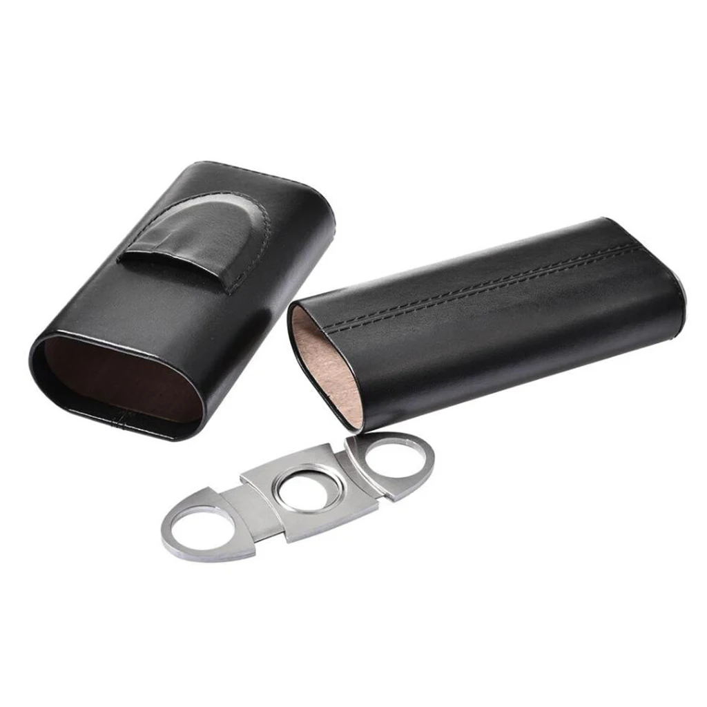 Leather Cigar Case Tube Travel Holder 3 Tube Cutter Brown