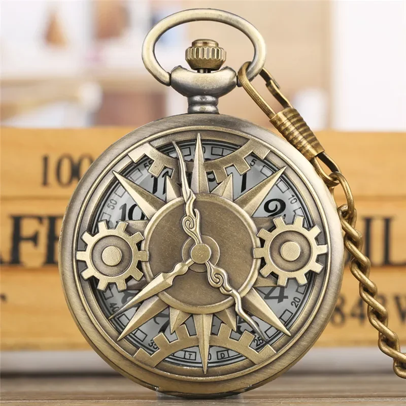 Vintage Style Hollow Out Gear Cover Men Women Antique Quartz Analog Pocket Watch Necklace Pendant Chain Timepiece Gift Clock