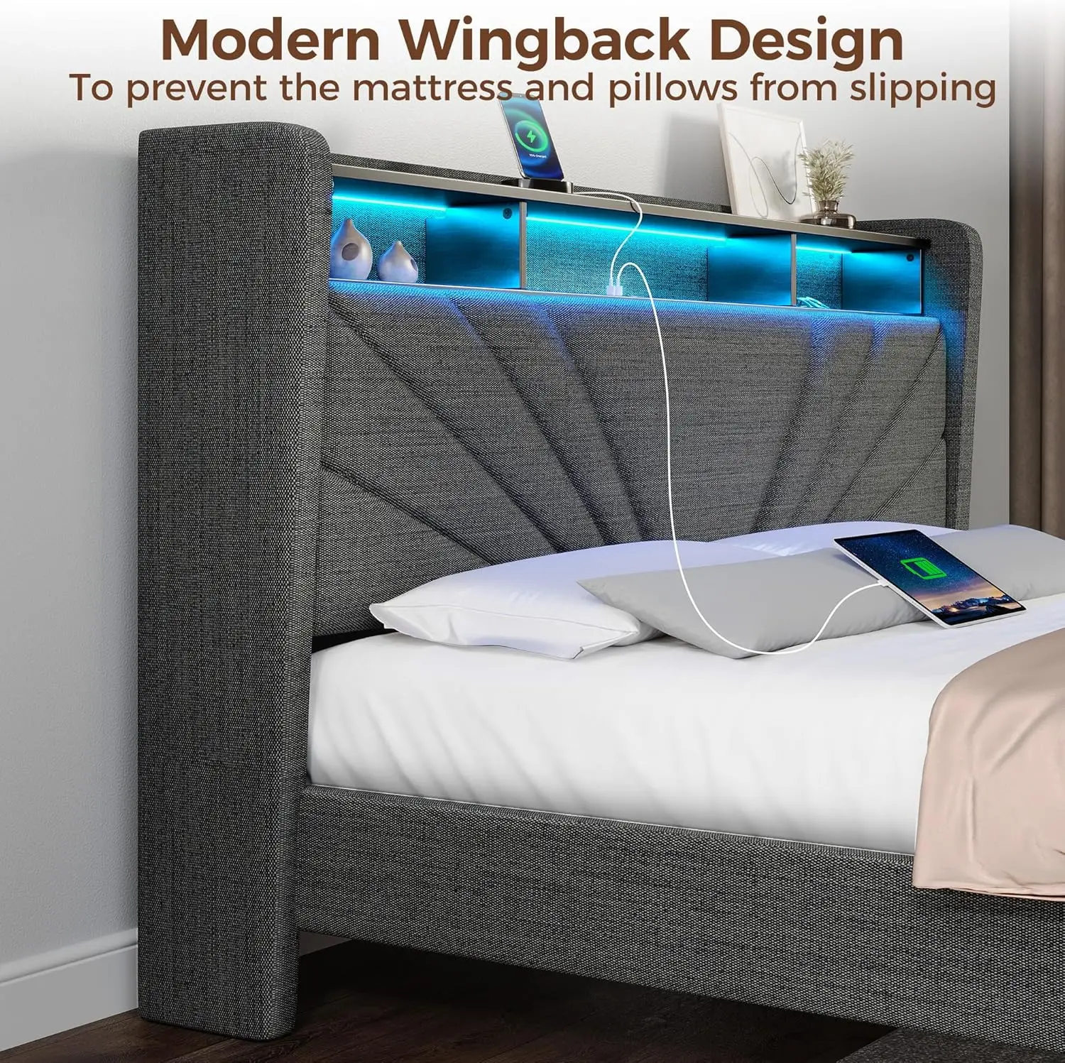 Full size bed frame, storage headboard with charging station and LED lights, noise free, easy to assemble, dark gray