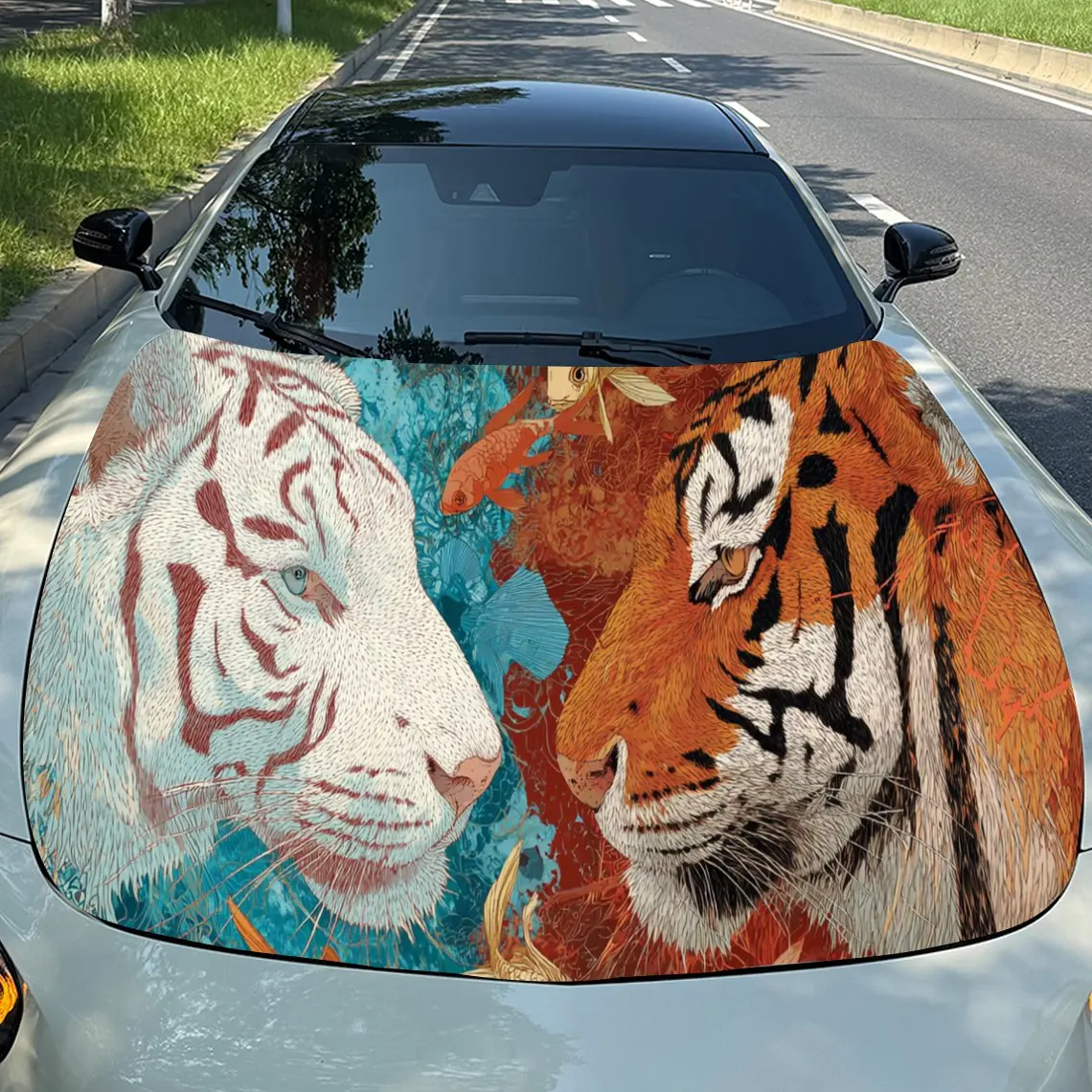 

Colorful Tiger Duo Car Hood Stickers - Self-Adhesive, Waterproof and Durable Vinyl Wrap, Decorate And Protect Your Car, Fit For