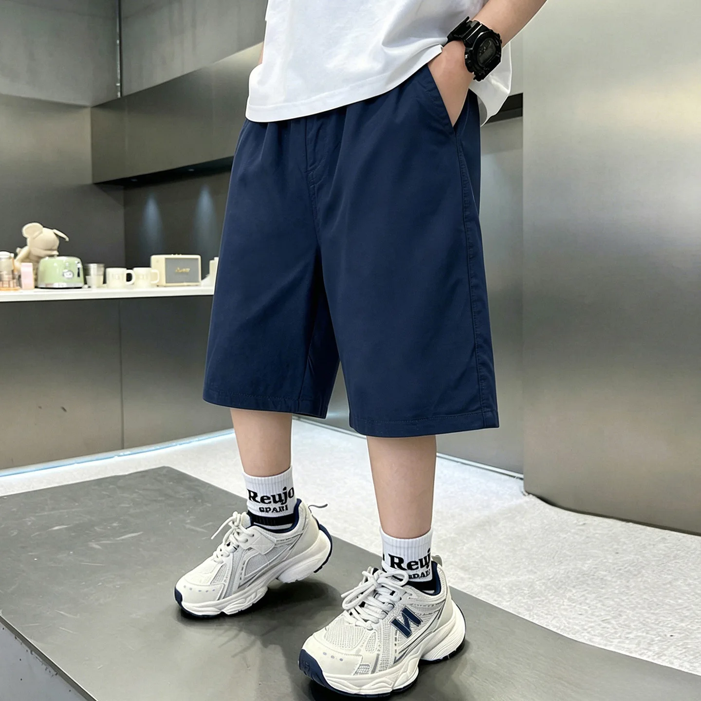 New Kids Shorts for Boys Solid Color Casual Knee-Length Summer Sport Clothes in Khaki/Navy - Children's Korea Style Short Pants