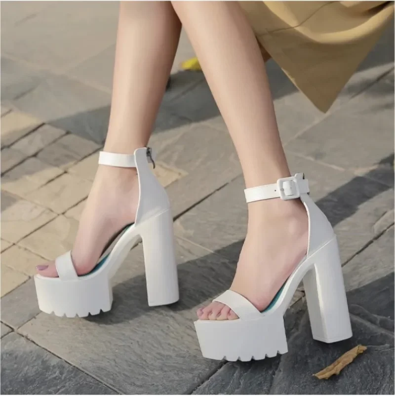 Summer Women Sandals Platform Party Pumps PU 14CM Square Heel Summer Buckle Strap One Character Strip Model Show Women Shoes