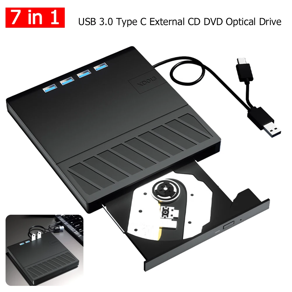 

7 in 1 USB 3.0 Type C External Blu-ray Optical Drive CD/DVD/BD -/ RW Player Burner Writer Reader with SD/TF Port for PC