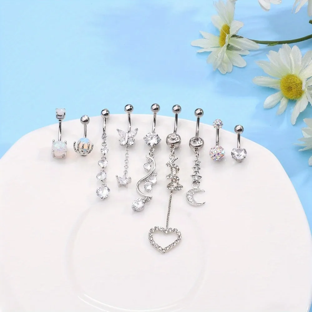 Diamday 1Pcs 316L Stainless Steel 14G Dangle Belly Button Rings Heart CZ Belly Rings Dangle Navel Barbell Body Piercing Jewelry