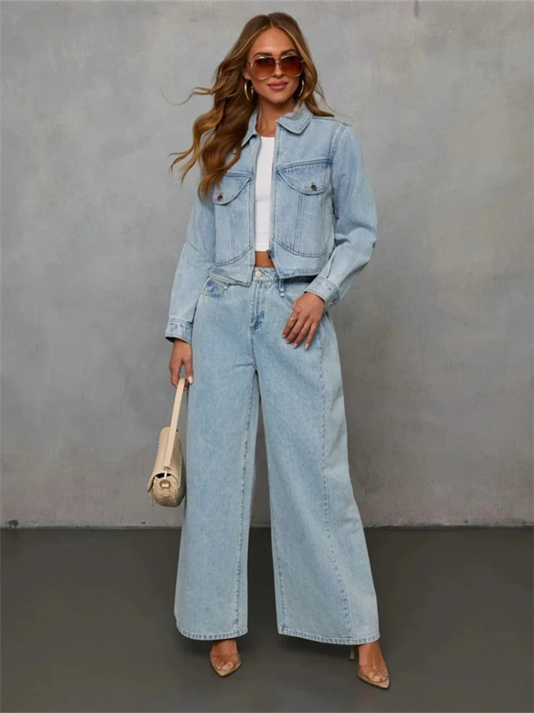 

Fashion Denim Jacket Wide Leg Jeans Pant Sets Spring Clothing Women Jean Jacket Denim Trousers Cowboy 2 Piece Sets Women Outfit