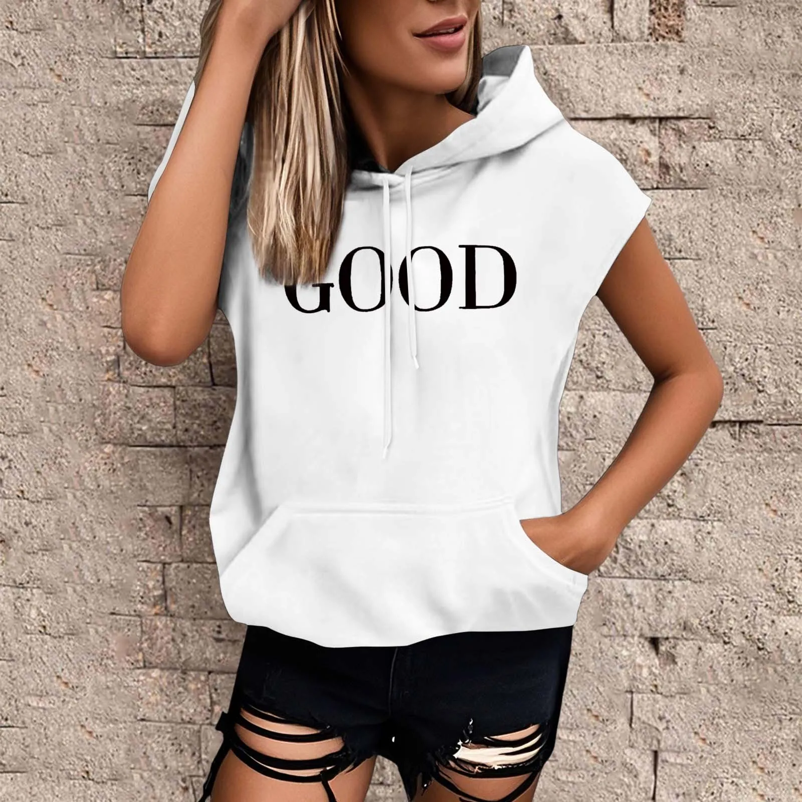 

Women Hooded Hoodie Tanks Sleeveless Sweatshirt Short Sleeve Loose Pullover Solid Oversized Hip Hop Sportswear Harajuku Hoodies