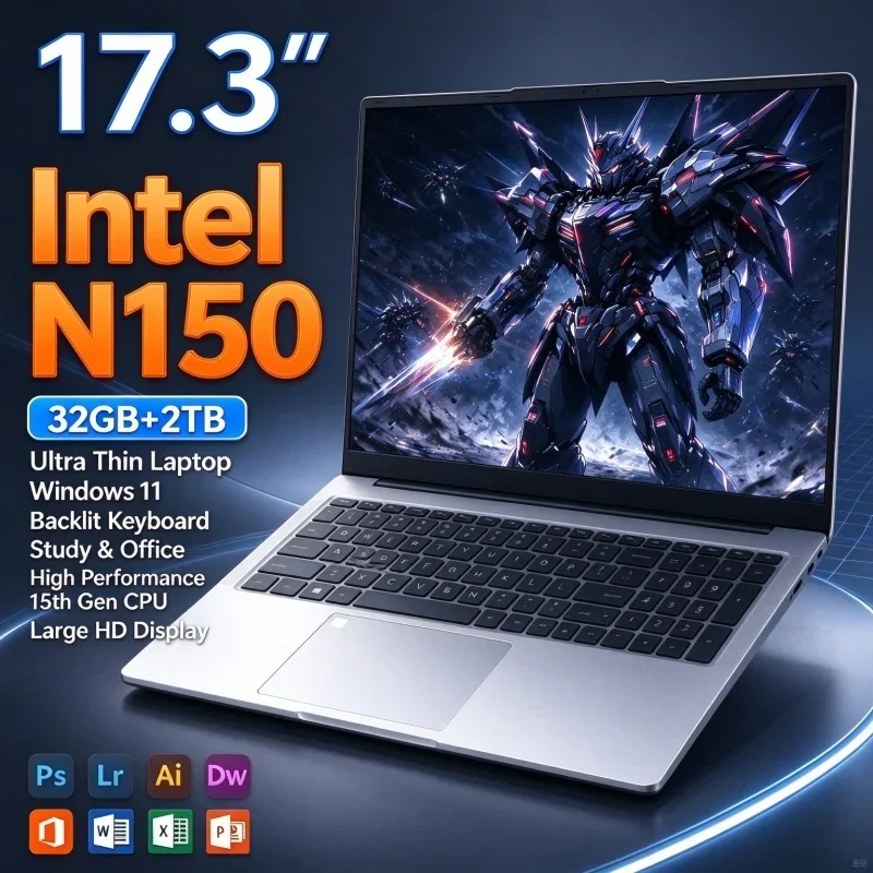 17.3'' Inch HD Display Laptop Intel N150 Windows11 Fingerprint Unlock 16GB 32GB RAM 1TB 2TB SSD Office Gaming Daily Use Computer