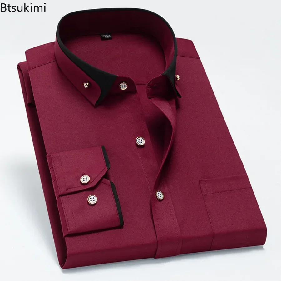 2026 Men's Long Sleeve Business Dress Shirts Solid Formal Button-Down Social Collar Camisa Elastic Anti-wrinkle Casual Men Shirt