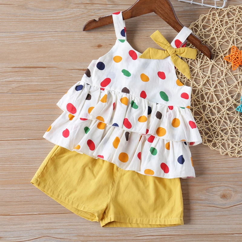 Humor Bear Girl Clothes Suit Colorful Dot Bows Decorate The Vest Top + Pants Suit 2 Piece Children\'s Clothing