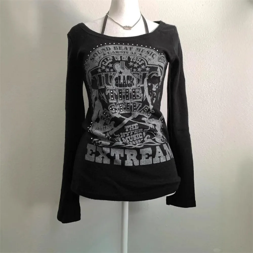 

Women Long Sleeve T-shirt 2025 Autumn Women's Vintage Gothic Punk Printed Tee Retro Y2K Design Niche Long Sleeve Base Layer