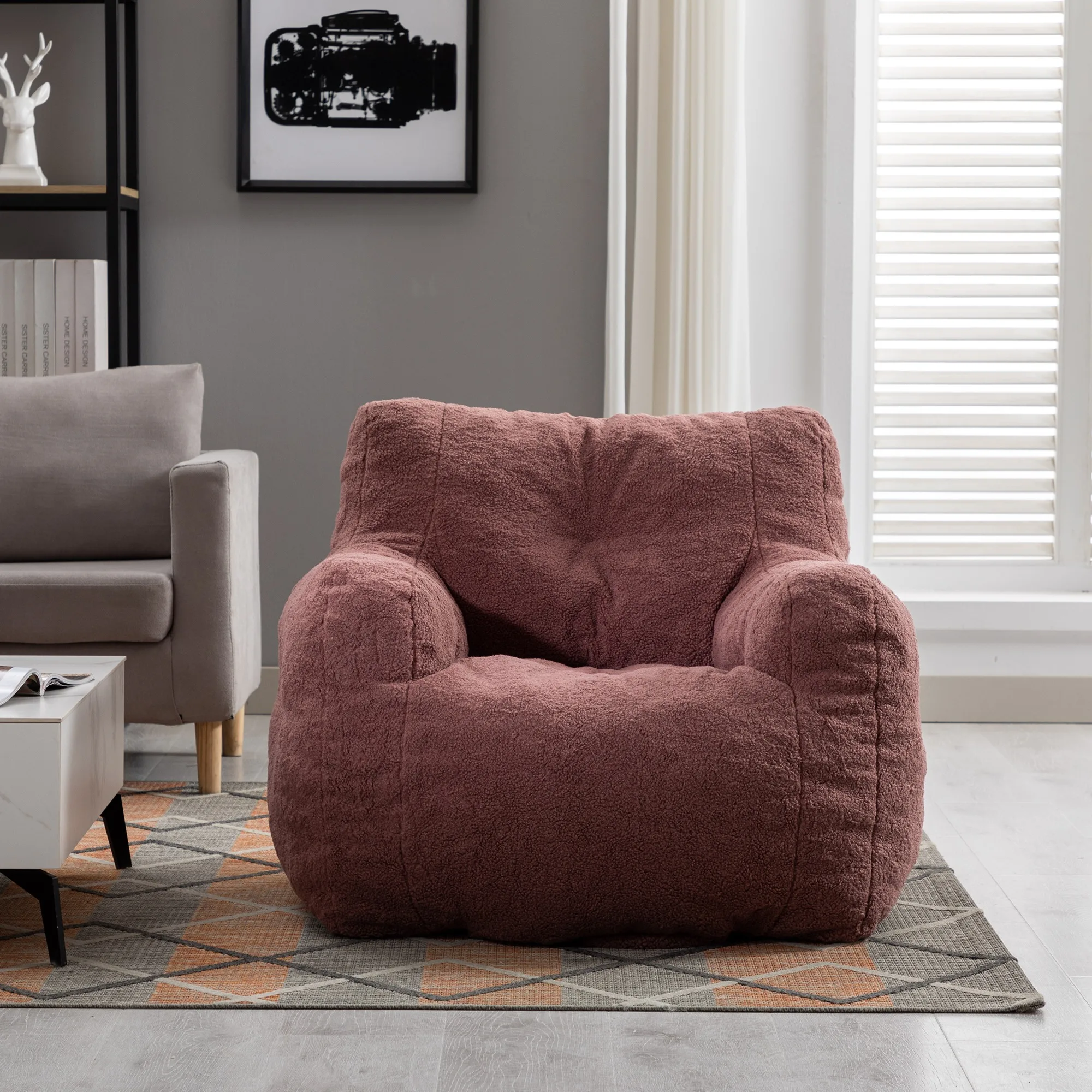 Custom Soft Teddy Fabric Tufted Foam Bean Bag Chair With Teddy Fabric Ivory Color For Living Room