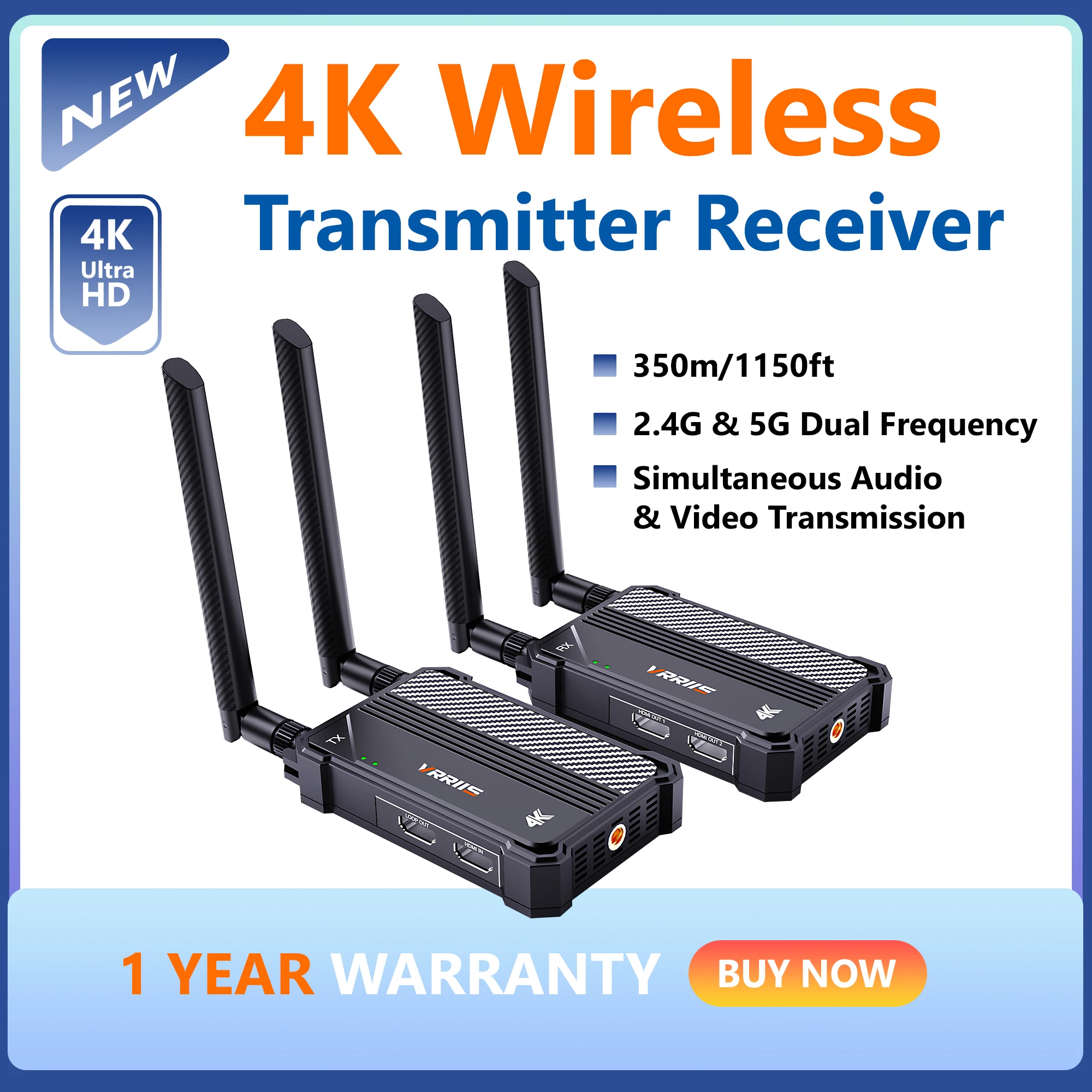 4K Wireless HDMI Transmitter and Receiver 5G Dual Band 350m Extender Kit for Laptop, PS4/5, Camera, DSLR to Projector TV