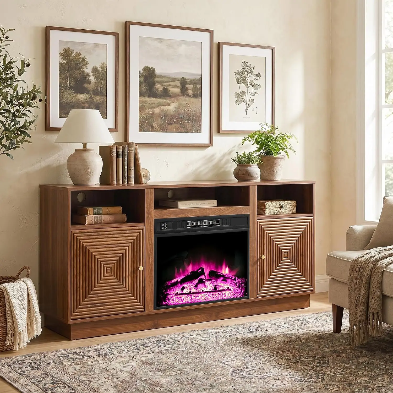 

59'' Fireplace TV Stand For TVs Up To 65'', Wood Console With 23'' Electric Fireplace, Living Room & Bedroom, Brown, Customized