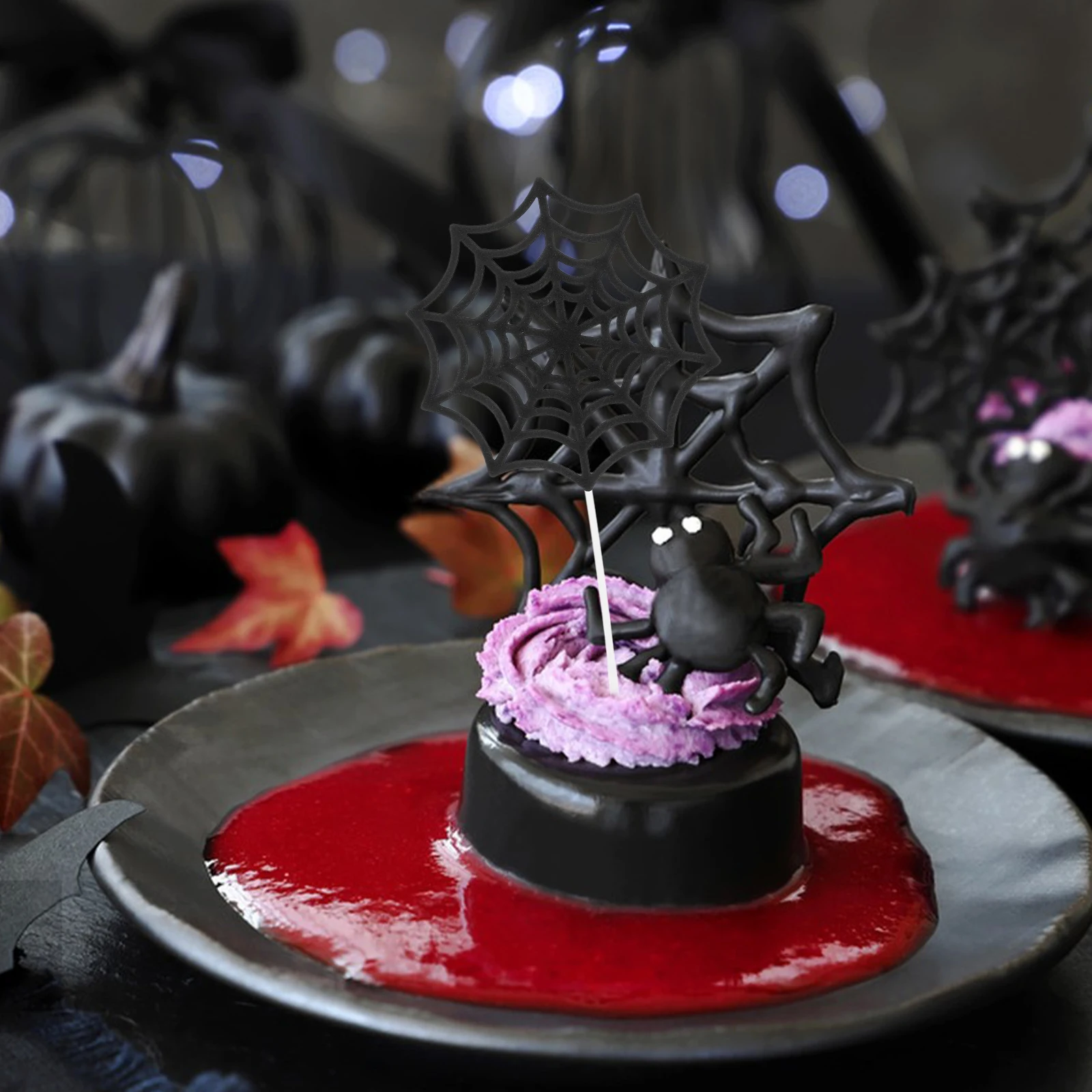 

12pcs Black Web Cake Toppers Reusable Picks Cupcake Decor for Wedding Cupcake Fruit Cake Decorations