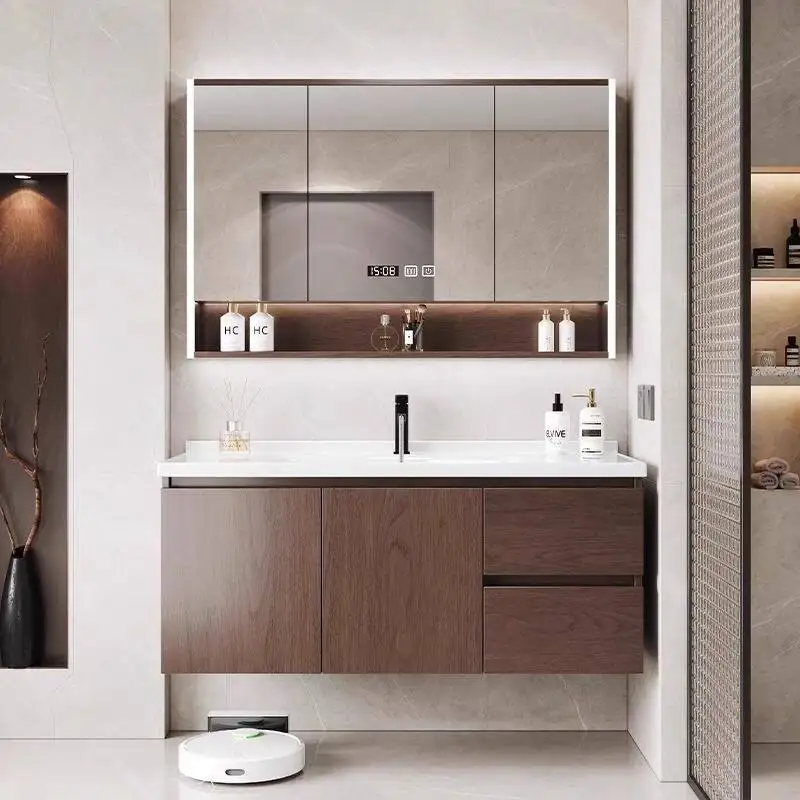 Bathroom cabinet combination integrated ceramic basin, walnut color washbasin washbasin cabinet