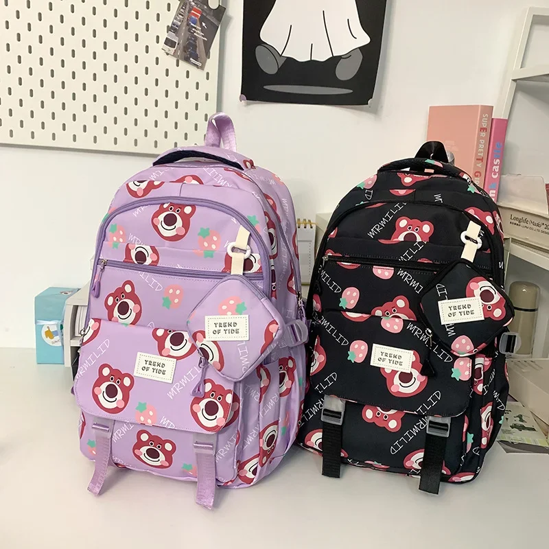 Disney morango urso bonito doce estudante mochila dos desenhos animados impressão tendência moda grande capacidade mochila casual