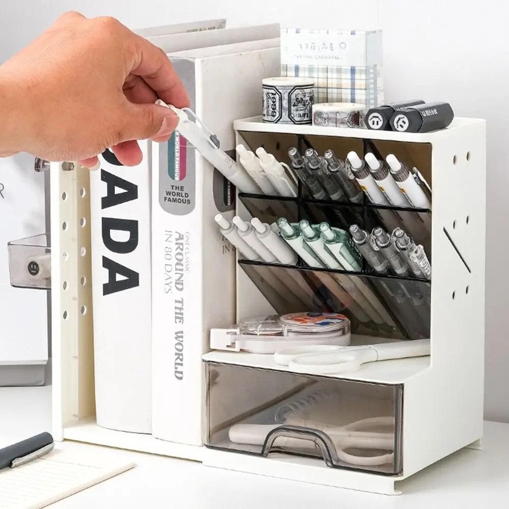 Oblique Design Desktop Pen Holder Multi Grid Retractable Stationery Storage Box Multi-Functional Perforated Board Desk Organizer