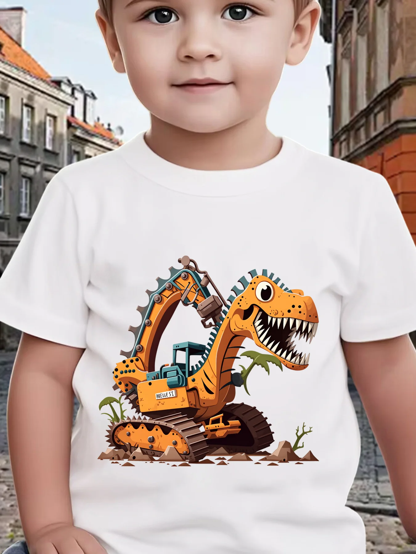 Boys Kids Short Sleeve T‑Shirt Trendy Cool Kawaii Cartoon Dinosaur Excavator Print Crew Neck Casual Affordable Tee